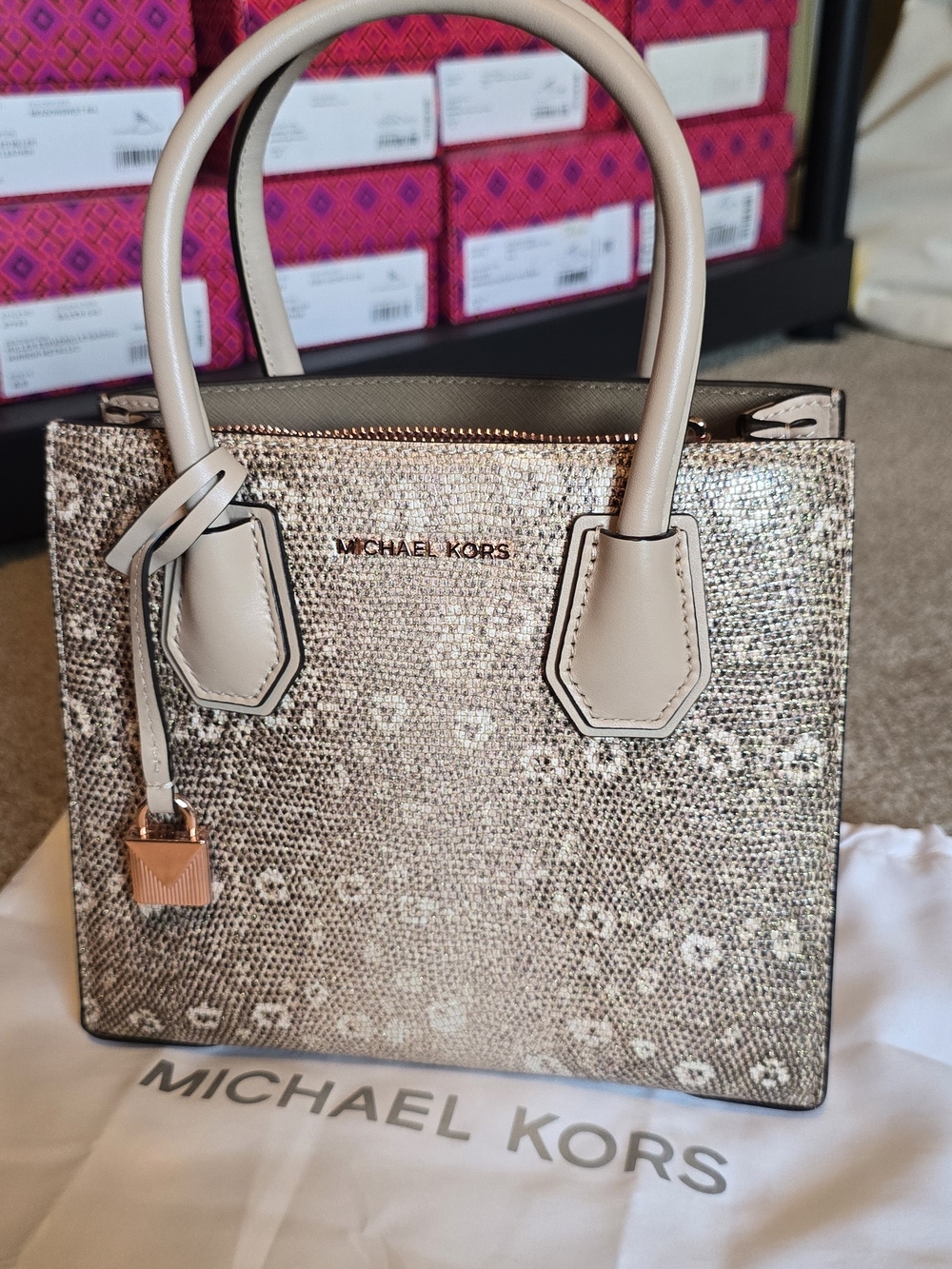 Michael Kors Metallic Gold/Beige Leather Top-Handle Satchel